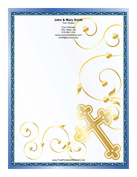 Gold Cross Blue Border stationery design