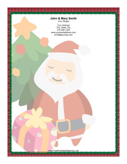 Large Stylized Santa Red Plaid Border stationery design