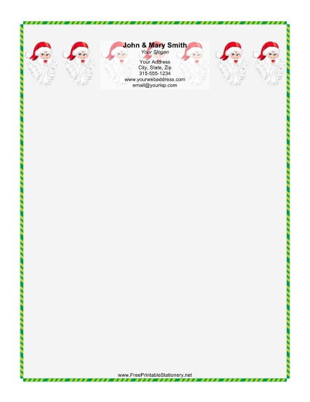 Row of Santas Green Candy Cane Border stationery design