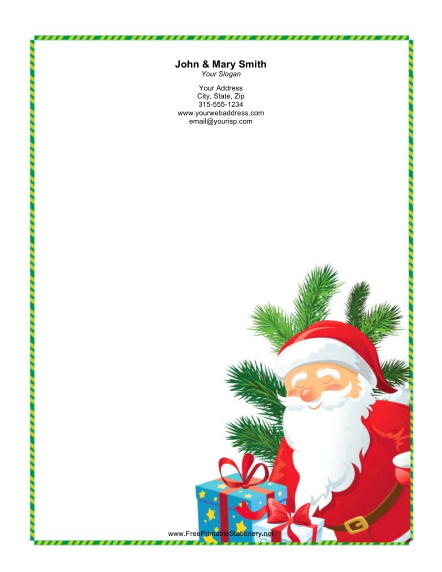 Smiling Santa Green Candy Cane Border stationery design