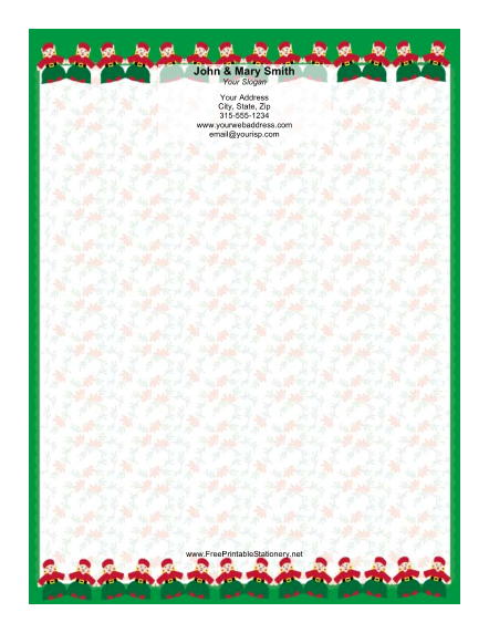 Two Rows of Elves Green Border stationery design